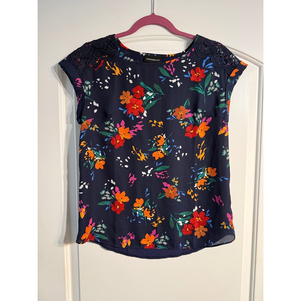 Fortune + Ivy Floral Blouse Small Navy Blue Crochet Lace Mixed Media Boho Chic